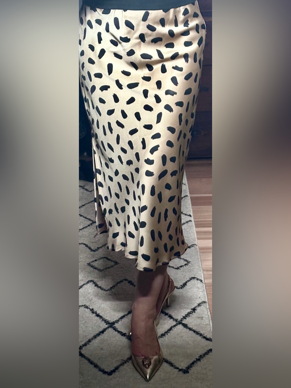 ILLA ILLA Beige/Gold  Satin Midi Skirt with Black Spot Print